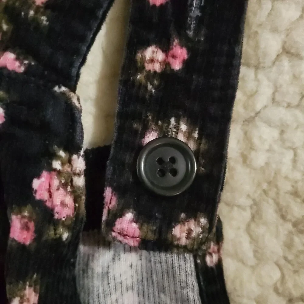 The Children's Place Girls Corduroy Jumper Dress Sz 10 Black Pink Floral Overall